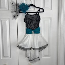 VTG Dansco Girls Ballet Dance Costume Child  s Size MC Feather White Teal Black