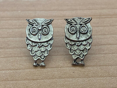 Vintage Silver Tone Owl Stud Earrings - Pierced