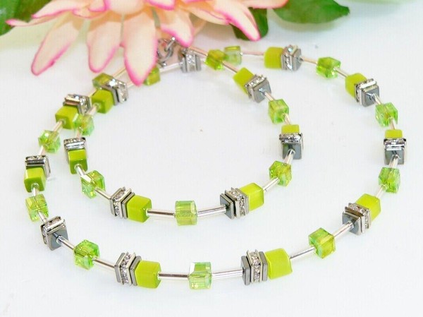Halskette WüRfelkette WüRfel 4Mm Cube Cat Eye Kristallglas Oliv GrüN Strass 502J-image
