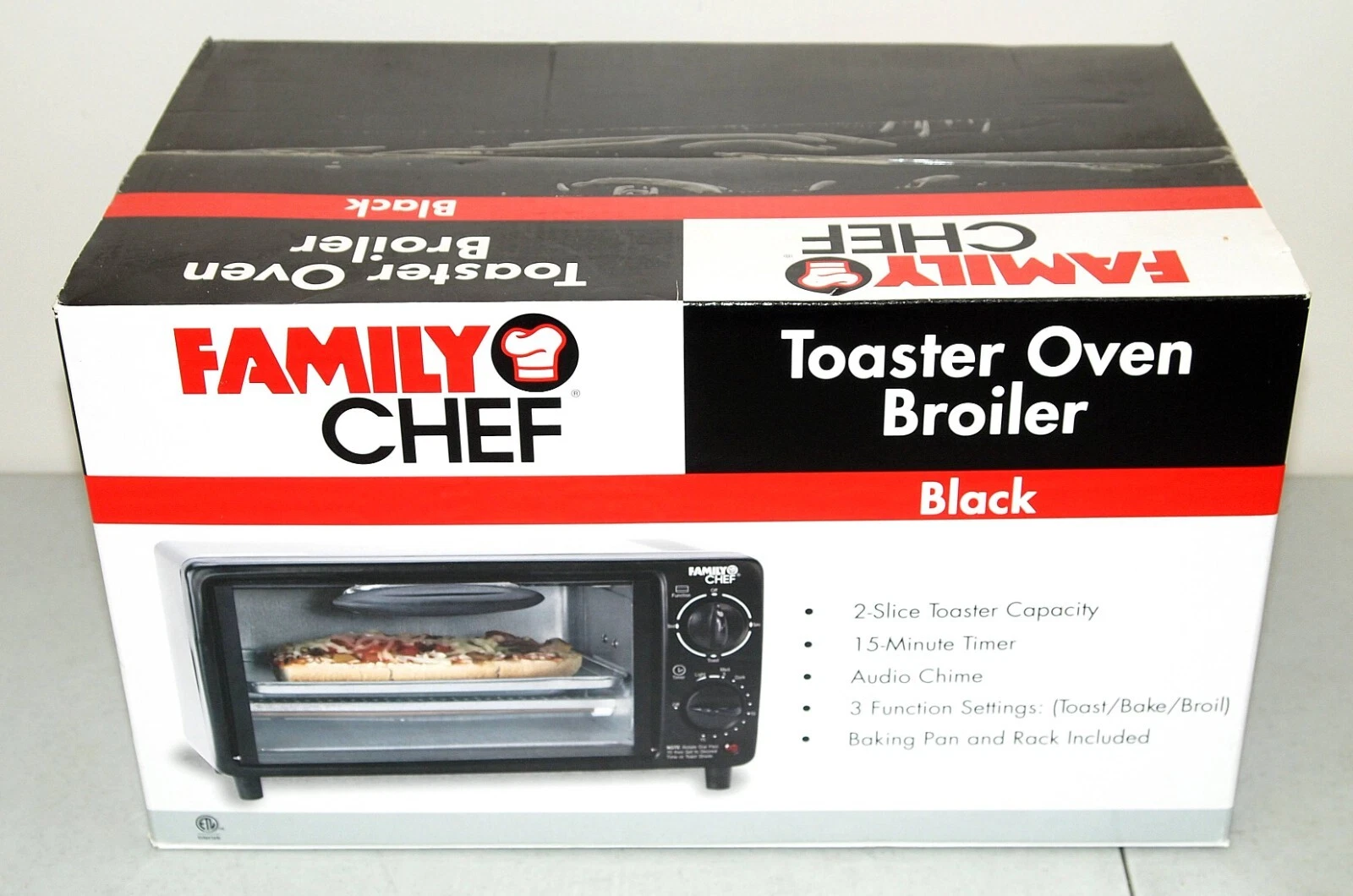 New! Sealed! Compact FAMILY CHEF 9 Liter "TOASTER OVEN/ BROILER" Pan & Rack Incl