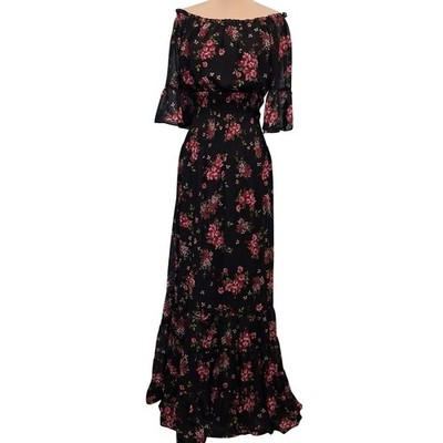 Premier Amour Black Floral Smocked Off Shoulder Maxi Dress  SZ 6 Tiered Romantic