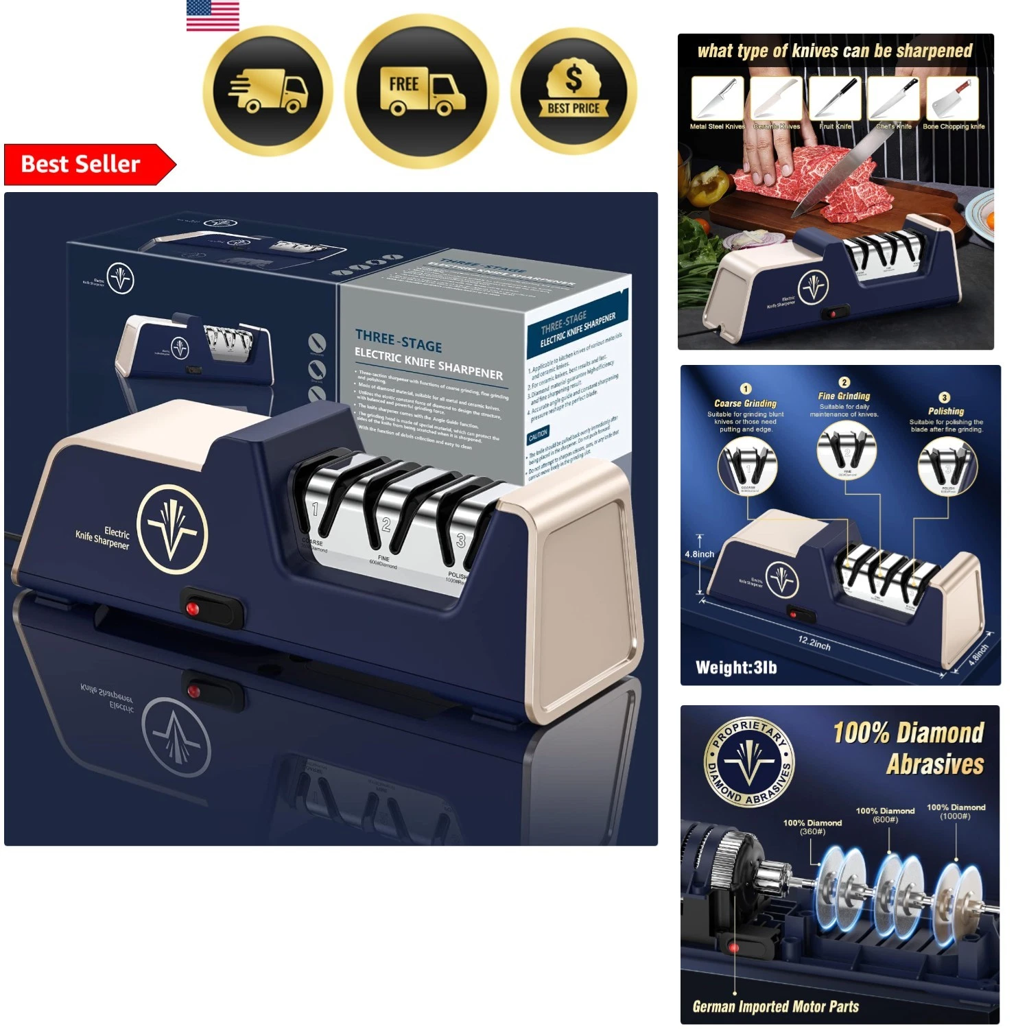 Knife Sharpener Electric 3-Stage Diamond Abrasives Kitchen Steel Ceramic Edge
Opens in a new window