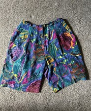 VTG Ann May 80s 100 Silk Pleated Tropical Fish Shorts With Front Pockets