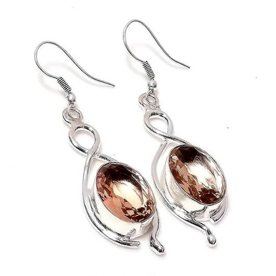 Peach Morganite Gemstone 925 Sterling Silver Handmade Dangle Earrings 1.6''