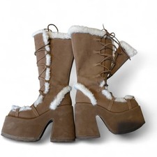 DEMONIA CAMEL-311 Faux Fur 5" Chunky Heel Platform Camel Tan Womens Knee Boots