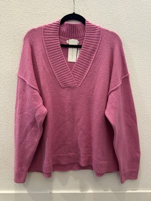 Treasure & Bond Small V-Neck Rib Pullover Wool Blend Sweater Pink New