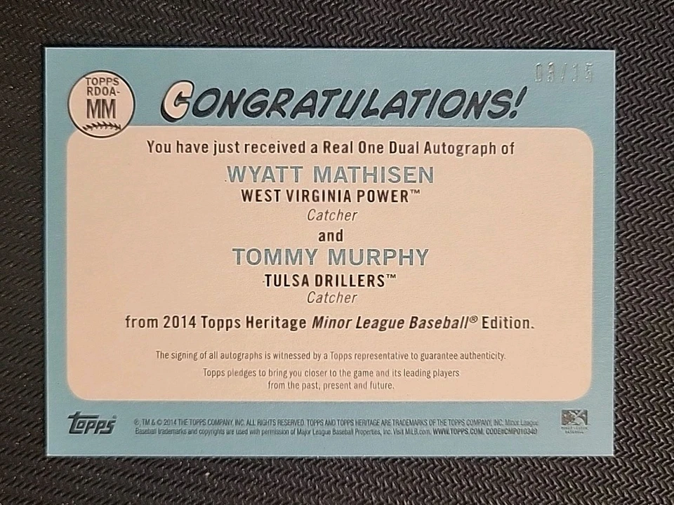 2014 Topps Heritage Minor League Dual Auto 03/15 Tom Murphy / Wyatt Mathisen - Image 2 of 3