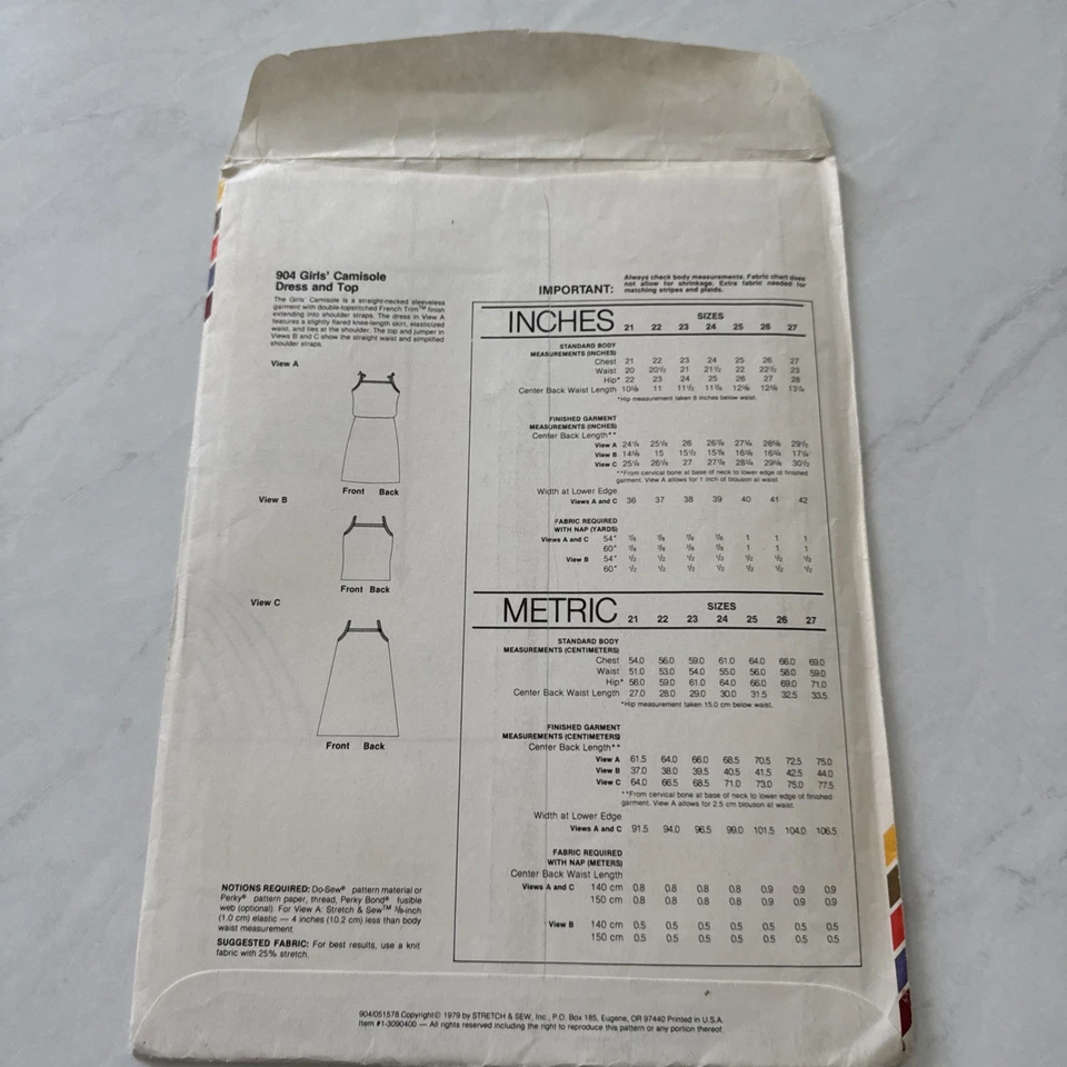 Stretch & Sew Pattern 904 UNCUT Girls’ Camisole Dress + Top VTG 1979 - Image 4 of 4