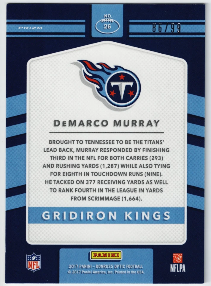 2017 Donruss Optic Gridiron Kings DeMarco Murray Red Prizm /99 #26 Titans - Image 2 of 2