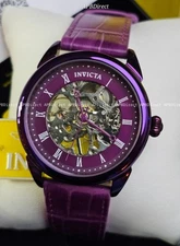 Invicta  Specialty MECHANICAL Skeleton Purple Case & Genuine Leather mens watch 