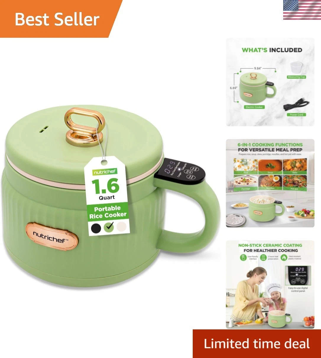 1.6 QT Portable Electric Rice Cooker & Lunch Maker | Multi-Functional & Non-S...