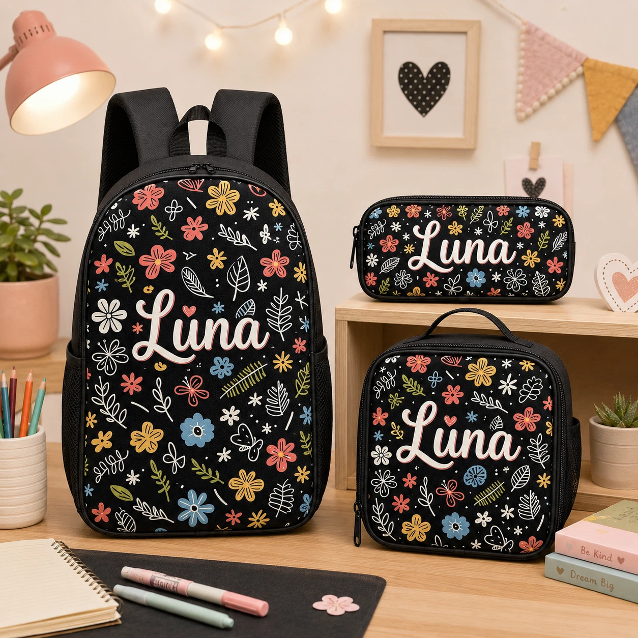 Personalized Black Floral 3Pcs Backpack Set Kids Lunch Bag Pencil Case