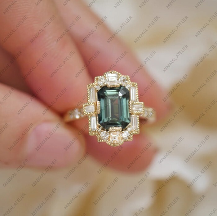 Teal Sapphire and CZ Ring in 925 Silver Gold Plated Anniversary Gift-image