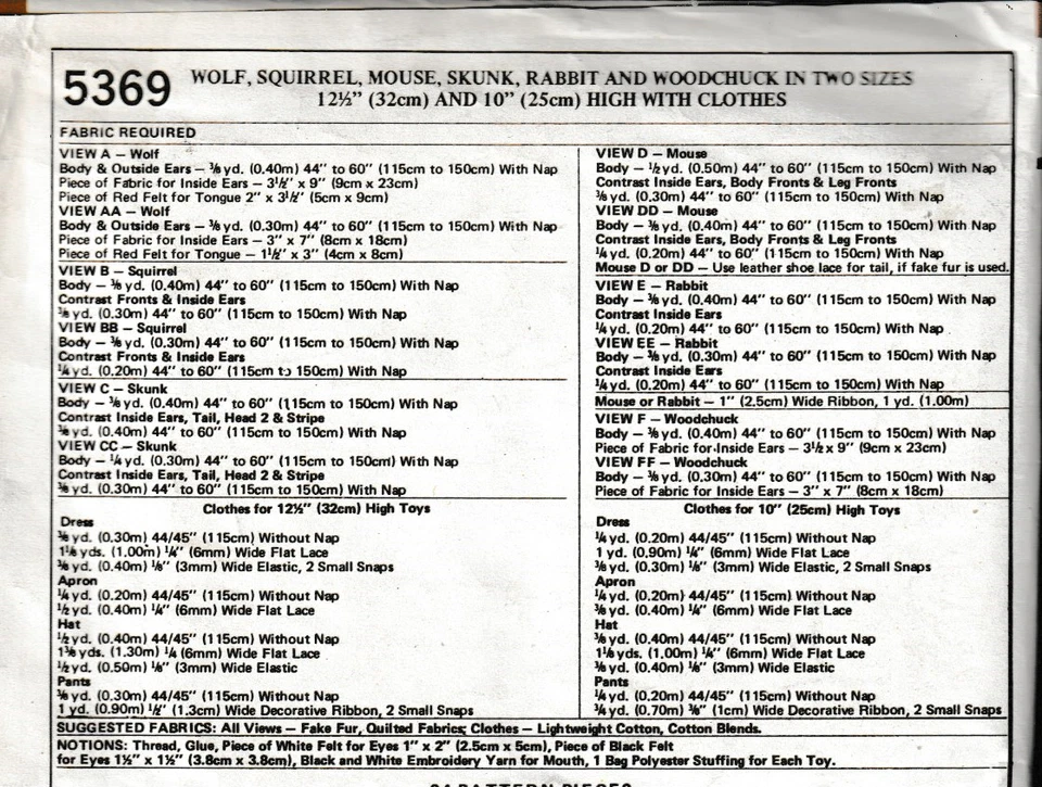 Vintage McCall's Pattern 5369 c1976, A Forest Family, Skunk, Mouse, Rabbit + - Image 2 of 2