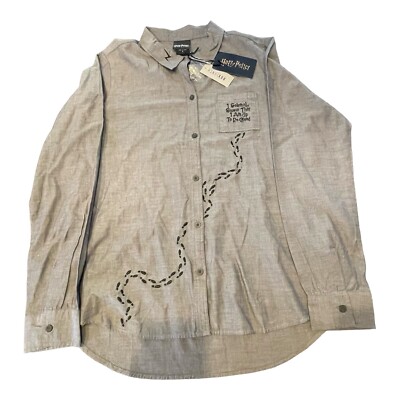 NWT Box Lunch Harry Potter Button Down Gray Woven I Solemnly Swear Sz L