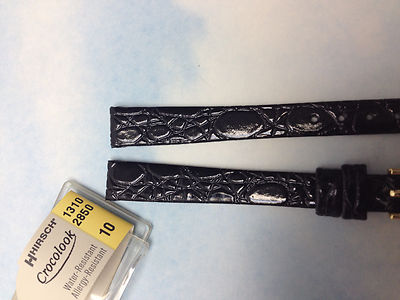 10mm BLACK  VINTAGE HIRSCH  CROCOLOOK  HIGH QUALITY  WATCH BAND   NEW OLD STOCK