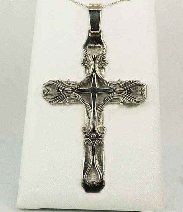 Крест ручной работы из стерлингового серебра 925 пробы с родиевым покрытием декоративный дизайн большой тяжелый  - Изображение 2 из 4