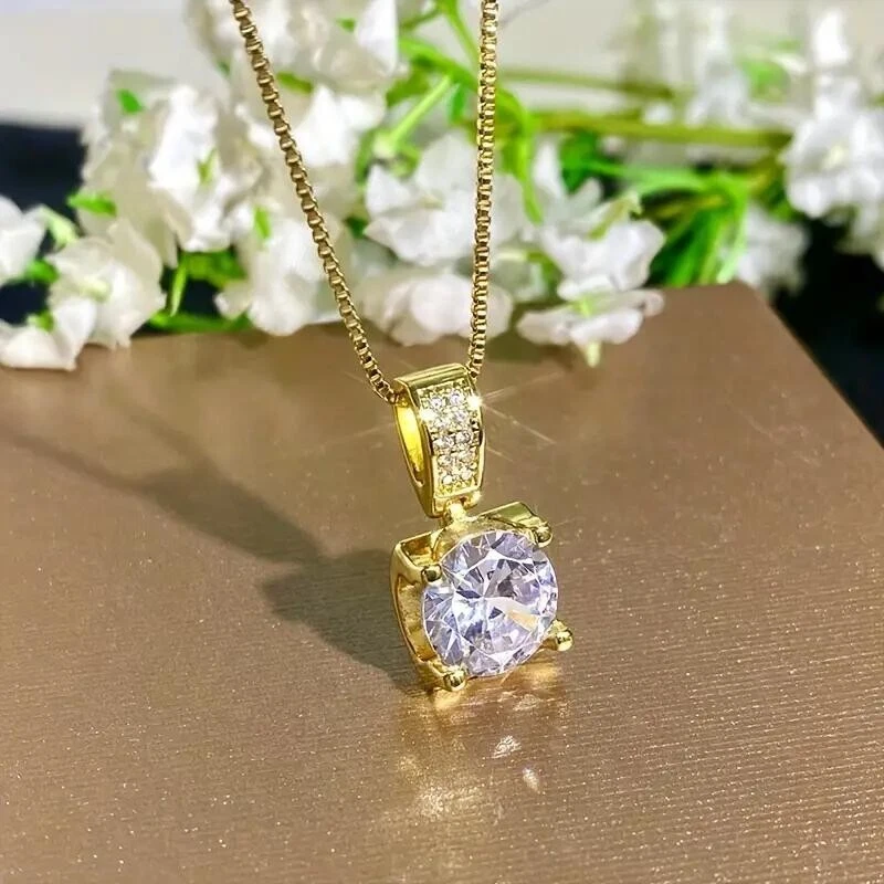 Luxury Golden Square Shiny Zircon Pendant Necklace Women Party Stylish Fashion - product detail image 3