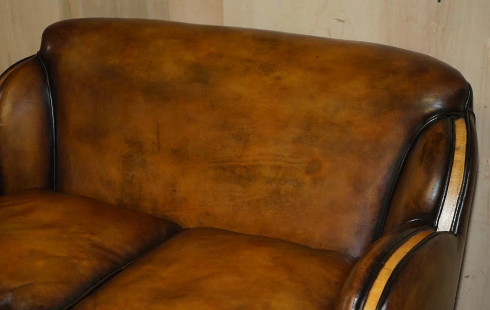 1 OF 2 OF RESTORED ART DECO HARRY & LOU EPSTEIN HAND DYED BROWN LEATHER SOFAS — 第 4/4 张图片