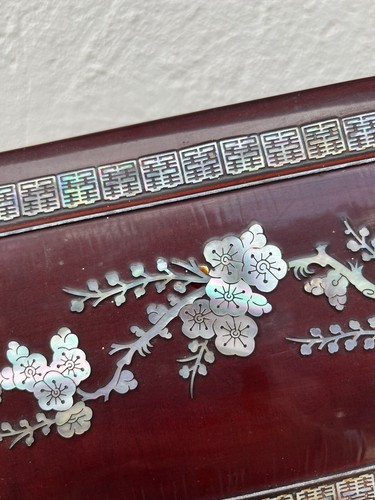 Vintage Wood Smoking Box Cherry Blossoms Inlayed Mother Of Pearl Missing Ashtray - Picture 9 of 10