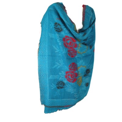Yak + Sheep Wool | Shawl/Throw| Handloomed| Reversal| Flora| Base Color: Blue