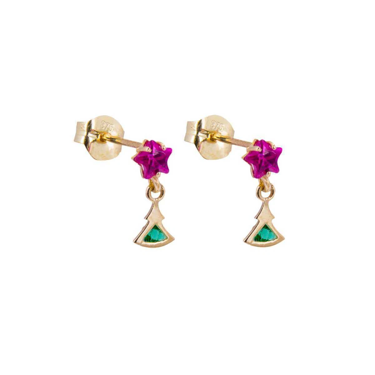 9ct Gold Christmas Tree Emerald Green Ruby Red Star CZ Stud Drop
