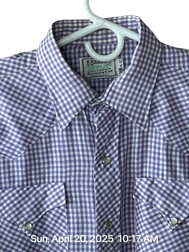 Рубашка мужская вестерн H Bar C 16 X 32 фиолетовая клетчатая жемчужная на кнопках винтажная сделано в США - Изображение 4 из 4