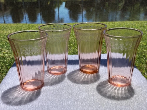 Jeanette Glass Co. Set 4 Pink Cherry Blossom Tumblers Depression Glass 1930-1939