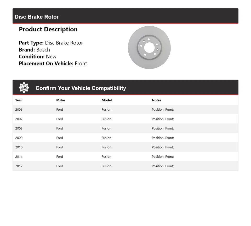 For 2006-2012 Ford Fusion Bosch QuietCast Disc Brake Rotor Front 2007 2008 2009 - Image 2 of 4