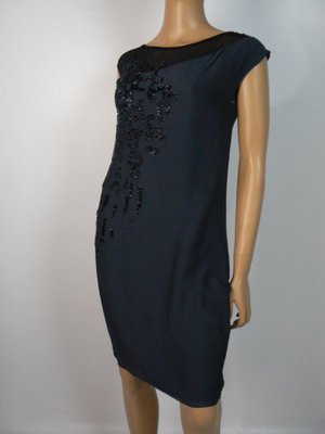 $498 Elie Tahari Navy Black Beaded Illusion Neckline Silk Shift Dress 0 NEW E293