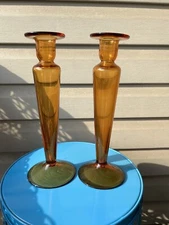 Vintage MCM Orange Retro Tall Hand Blown Art Glass Candlesticks 11” 2