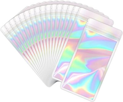 100 Pack Holographic Color Ziplock Bags Resealable Sealable Mylar Packaging Bag