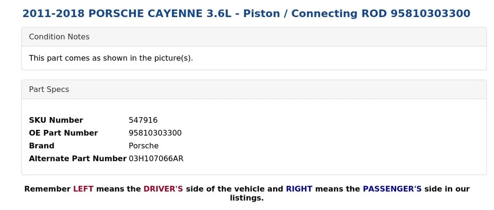 2011-2018 PORSCHE CAYENNE 3.6L - Piston / Connecting ROD 95810303300 - Image 3 of 4