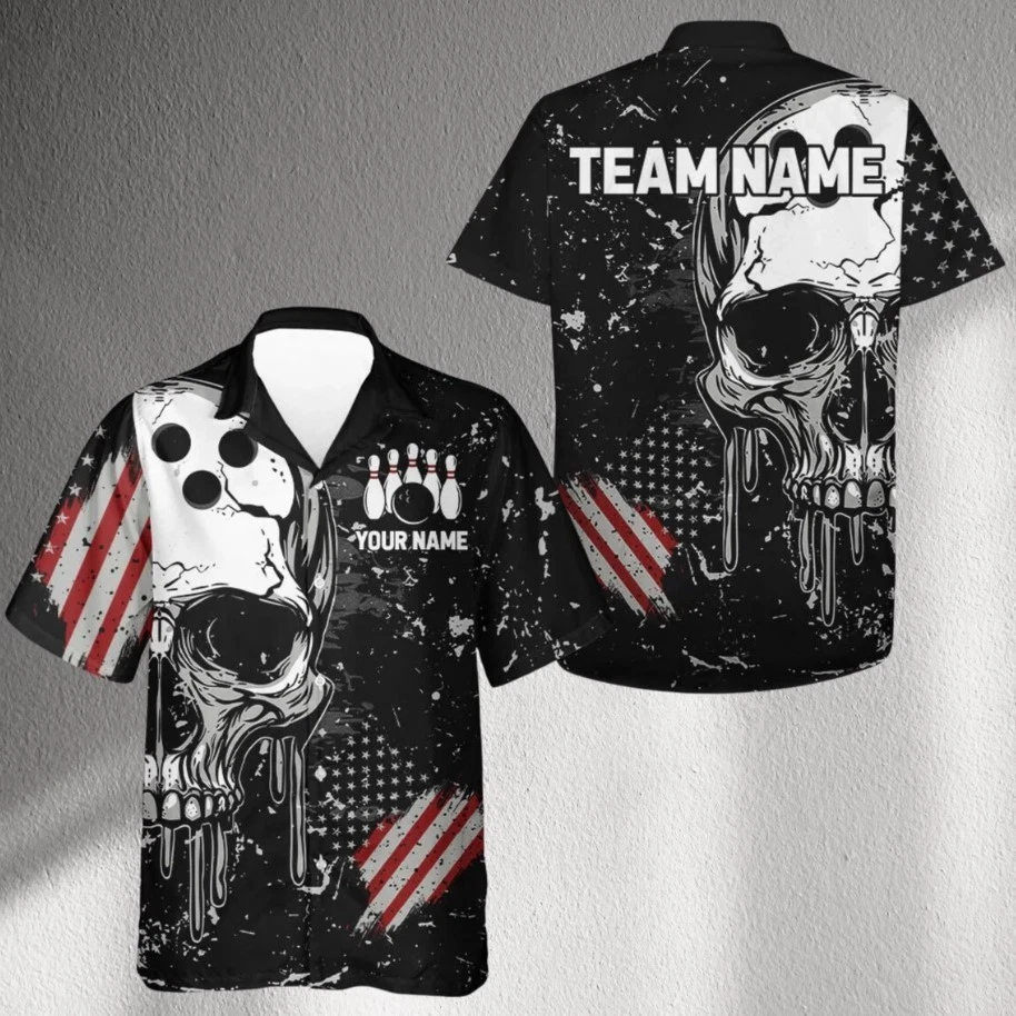 Personalized Skull Bowling Hawaiian Shirt, Custom Name Front & Team Name Back