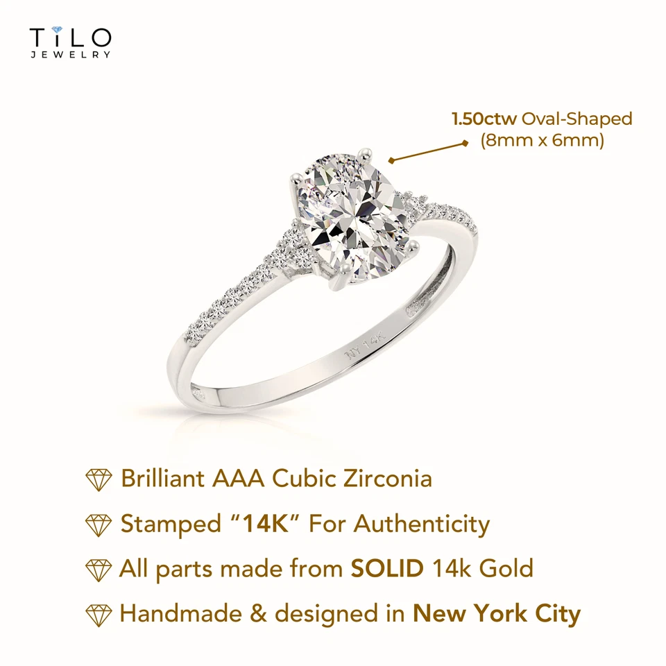 14K Real Solid White Gold 1.50 Carat Solitaire Oval Engagement Wedding Ring - Image 4 of 4