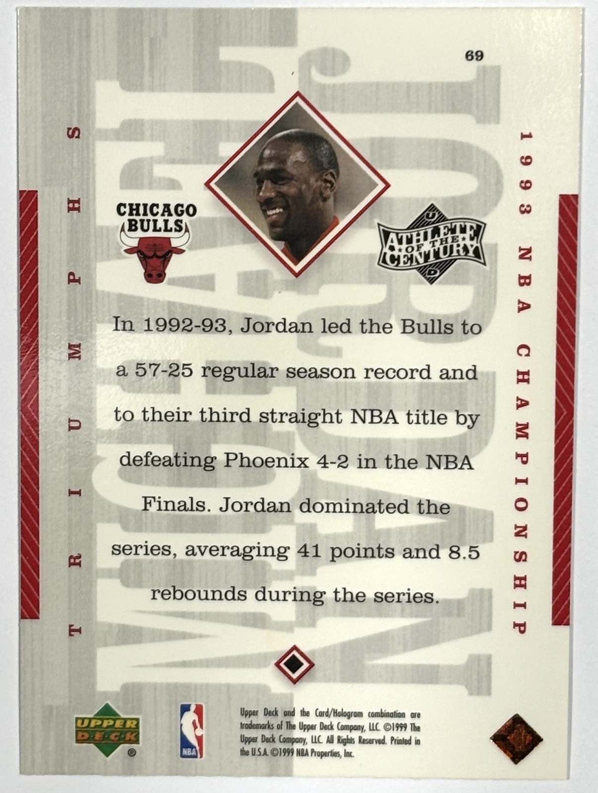 1999 Upper Deck Michael Jordan ATHLETE OF THE CENTURY card #69 Bulls -GOAT!
