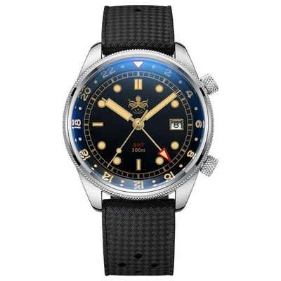 Phoibos EAGLE RAY GMT 300M Stahl Quarz Schwarz Silikon Datum Diver Herren Uhr - Bild 1 von 4