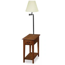 Haven Ridge Solid Wood Side Table with Built-In Swing Arm Lamp and Drawer, Me...