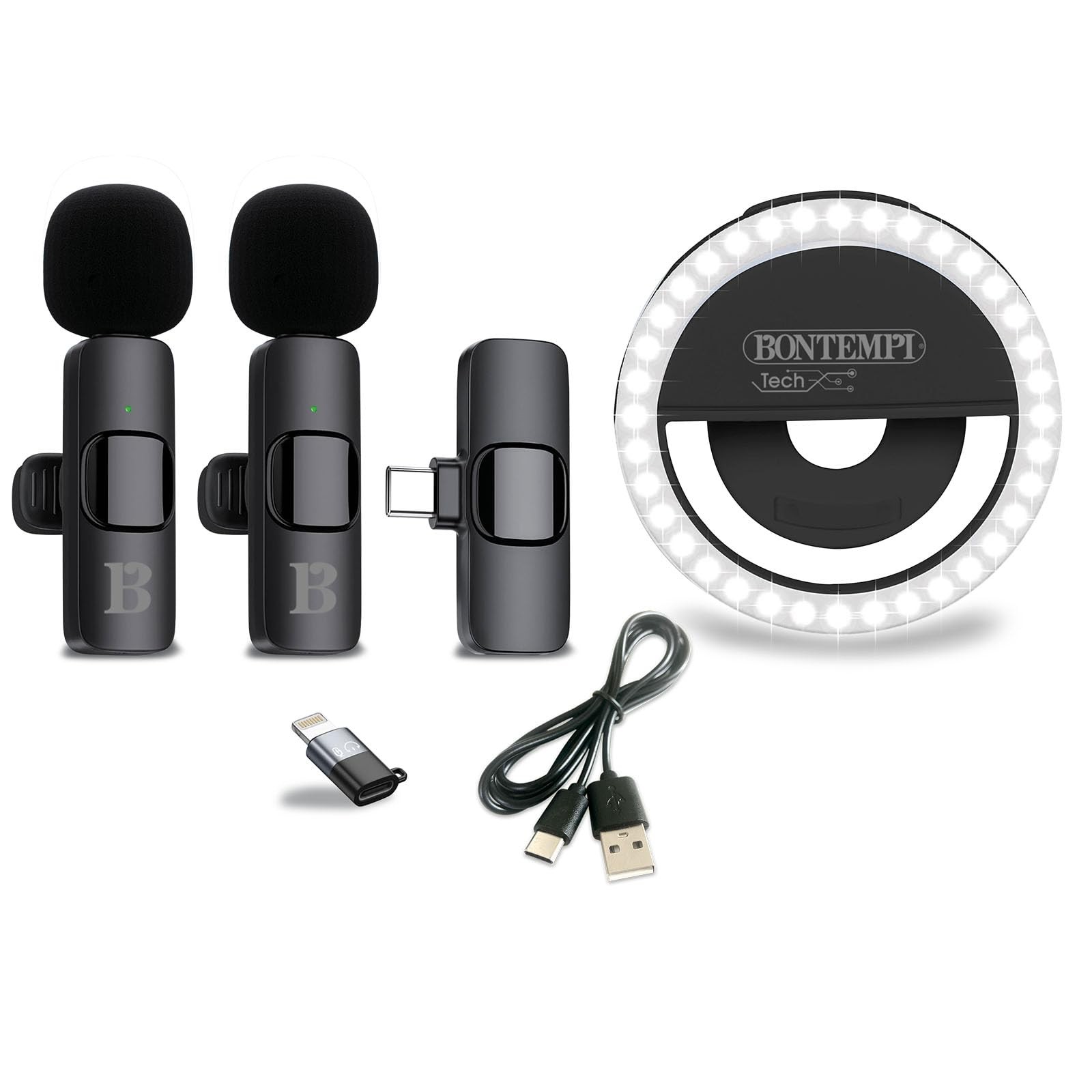 2 micros sans fil lavalier premium avec ring light pour tablette et phone