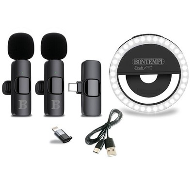 2 kabellose Lavalier Mikrofone mit Ring Light, kompatibel mit Smartphone, Tablet