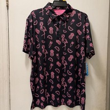 Birdie Bound Novelty Print Golf Polo Shirt, Men's Size LARGE Flamingo Black