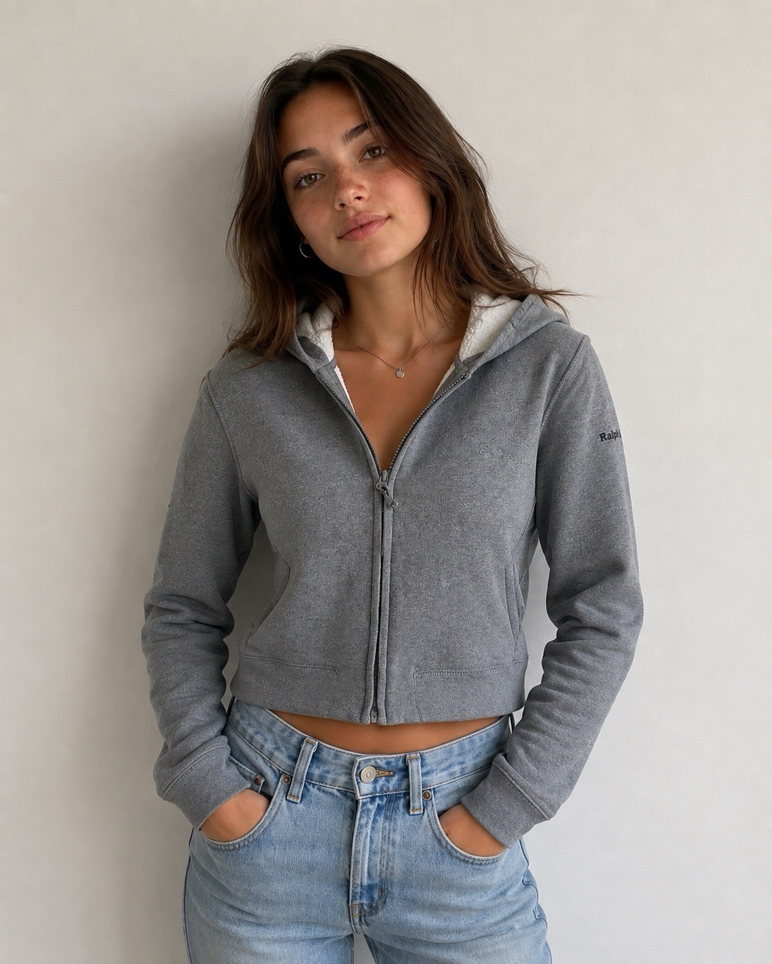 Ralph By Ralph Lauren Grey Cropped Hoodie Medium Full Zip Sweatshirt 90’s