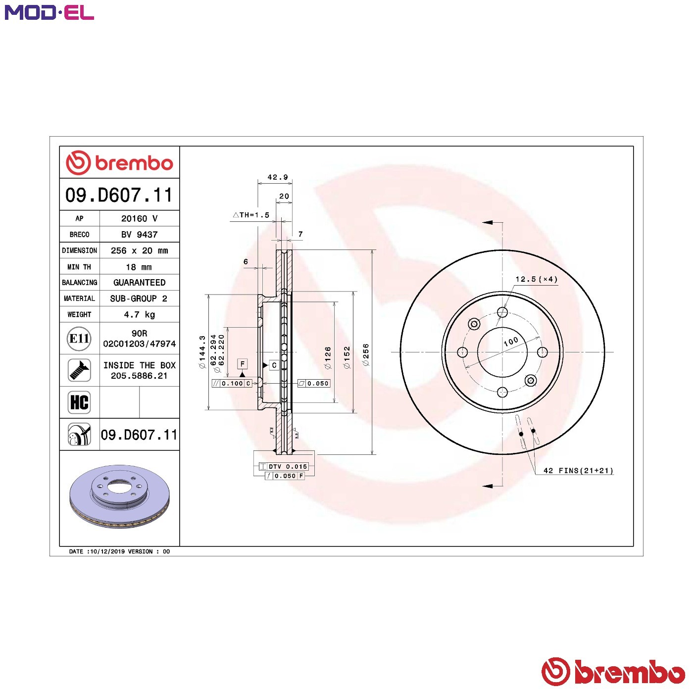 2x Brake disc internally vented 09.D607.11 BREMBO for KIA PICANTO III - Image 3