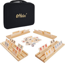 Upgraded Rummy Cube Game Set  4 Wooden Racks, 106 Large Number Rummy Tiles and