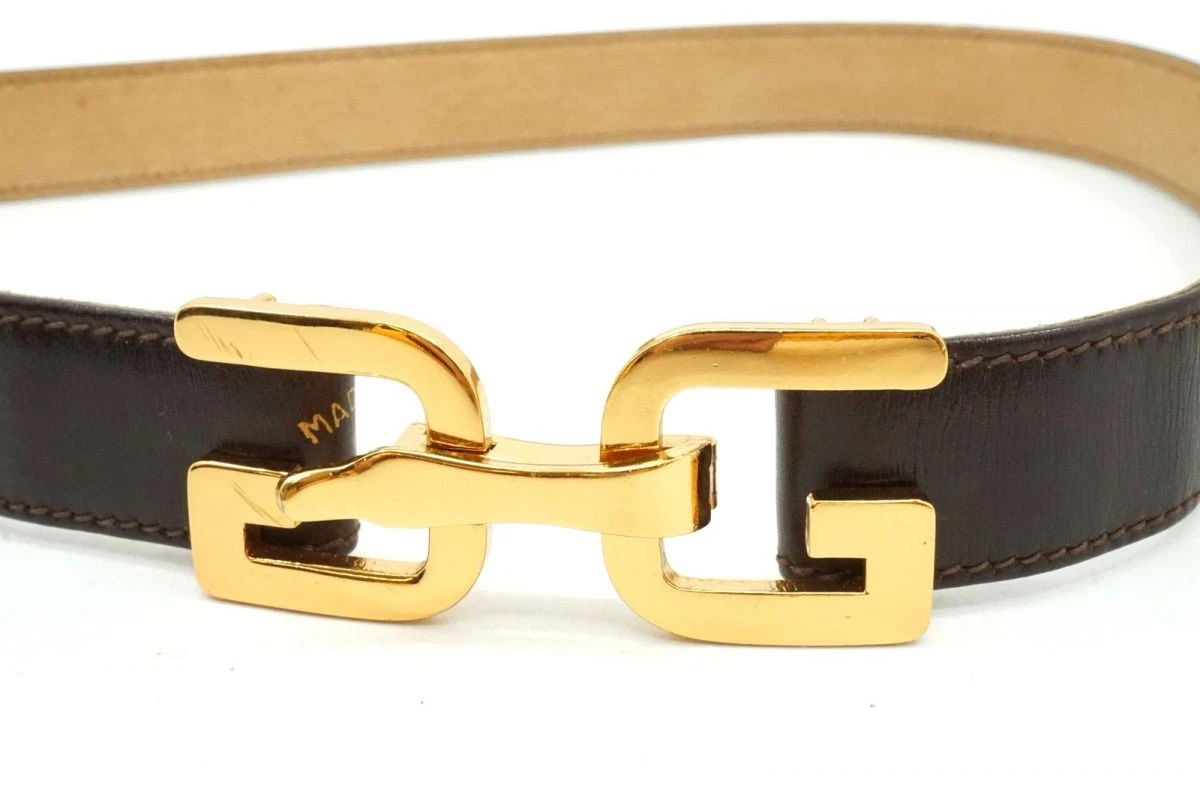 Gucci Vintage 60 G Boucle de ceinture avec logo classique Cuir marron Or 1784k