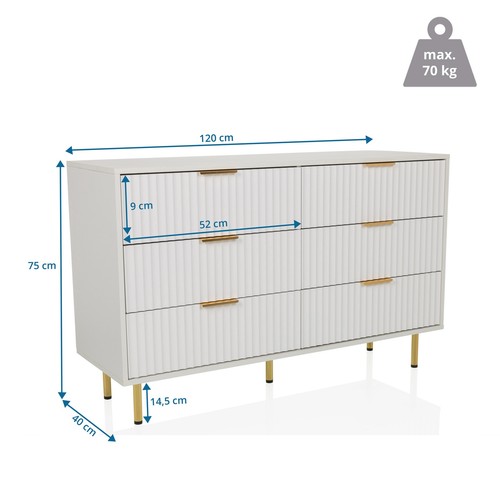 Sideboard Kommode mit 6 Schubladen in Weiß Gold, Anrichte 120 cm breit, modern - Bild 3 von 9