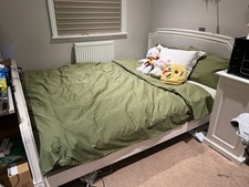 King Size White Wooden Bed Frame with Rattan/Cane Headboard – Used – Solid Frame