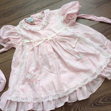 Vtg 80s Nannette Baby Dress Pink Lace Floral Ruffles Embroidery 15-18 Months