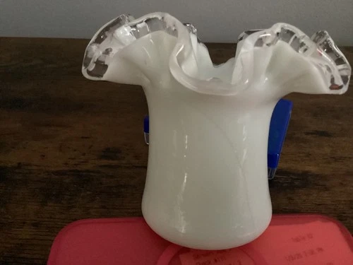 Vtg Fenton Milk Glass Silver Crest Top Hat Vase Ruffled Edge Dbl Crimped Ruffle