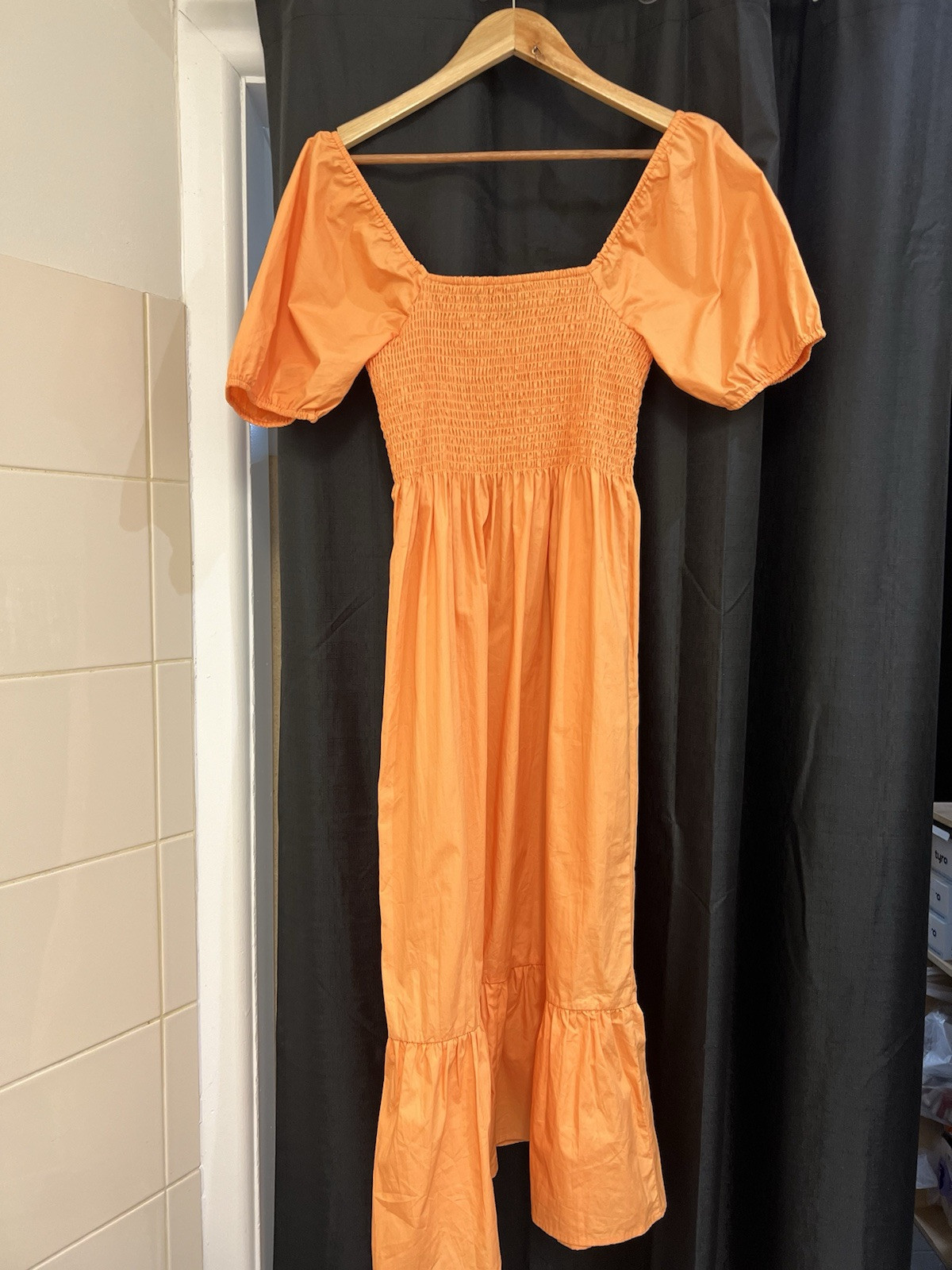 Lola May Asos Dress Puff Sleeve Orange Shirred Midi  Size AU 12/ US 8 Summer image 5